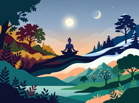 Zen Meditation Person in a Multi Seasonal Landscape with Sun and Moon