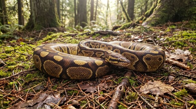 Two ball pythons coiled together on the mossy forest floor amidst sunlight and autumn leaves in a wild woodland setting