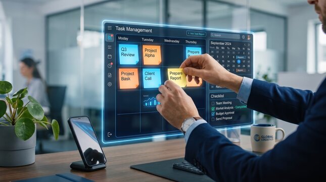 Manager organizing project schedule on interactive touch screen table, task management software with calendar and checklist features for efficient workflow planning in