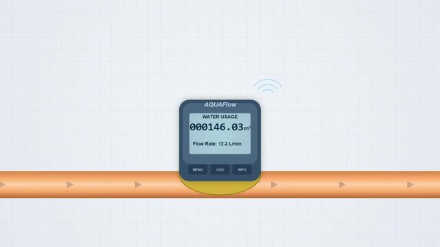 Digital Smart Water Flow Meter Attached to Residential Copper Plumbing Pipe System