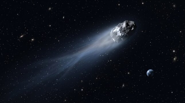 Asteroid or comet traveling through deep space with glowing tail, passing near a distant planet, realistic sci-fi illustration of celestial bodies and stars in the universe.