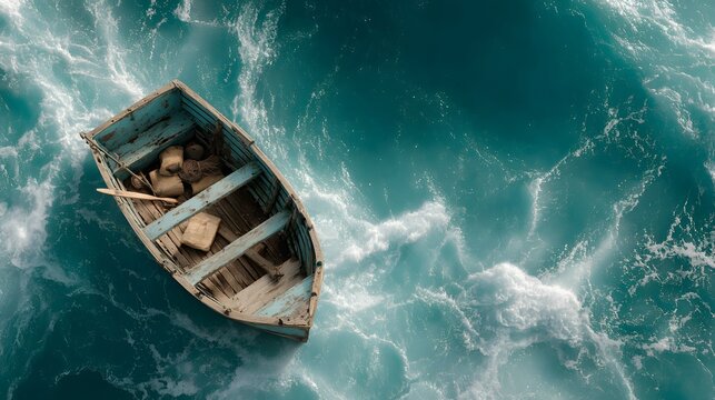 Top view of weathered wooden boat drifting in turquoise rough sea water with foam