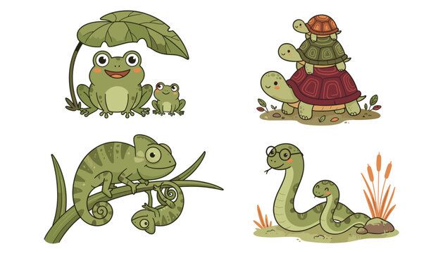 Cute swamp and jungle animals vector set with frogs turtles chameleons and snakes illustration graphics
