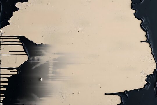 Abstract contemporary artwork showing thick black paint dripping down the sides of an off-white textured canvas, creating a stark contrast and minimalist composition.
