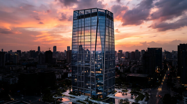 Modern glass office building skyscraper architectural design in metropolitan city landscape during a beautiful vibrant sunset sky aerial view