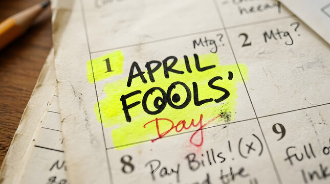 April fools day highlighted on a calendar with handwritten notes