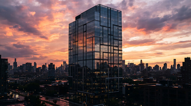 Modern Glass Office Building Towering Over City Skyline During a Vibrant Sunset with Orange and Purple Clouds