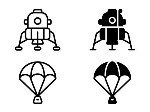Lunar lander and parachute descent vector icons illustration