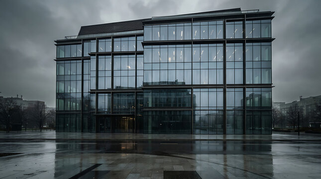 Modern corporate office glass building facade on a rainy overcast day with wet ground reflections