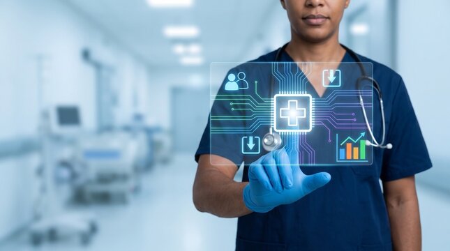 Healthcare professional interacting with futuristic digital medical interface screen