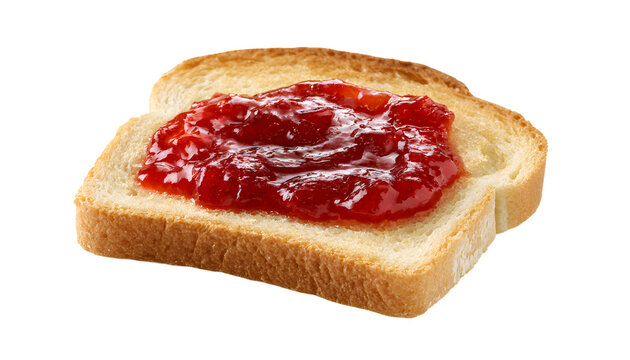 slice of toasted bread topped with strawberry jam isolated on a white background