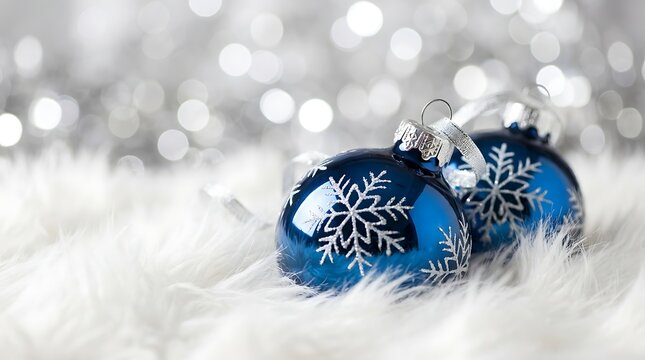 Two glossy blue christmas ornaments with silver snowflake patterns on soft white faux fur background