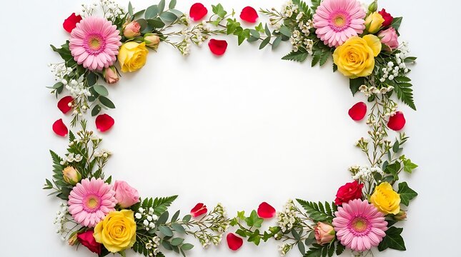 Rectangular floral frame with pink gerbera daisies and yellow roses on a white background