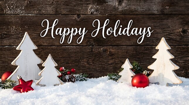 Happy Holidays greeting with white wooden Christmas trees and red ornaments on snowy rustic wood