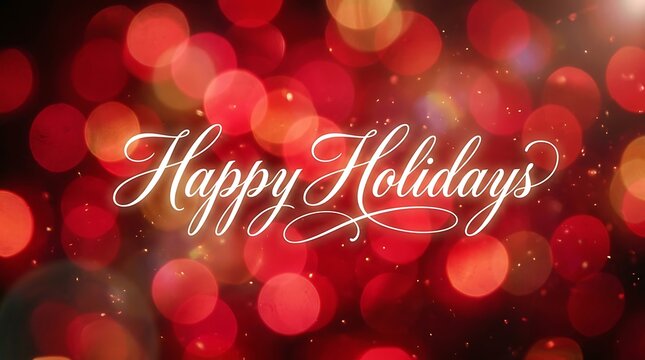 Happy holidays greeting card with red blurred bokeh lights background for seasonal winter celebration