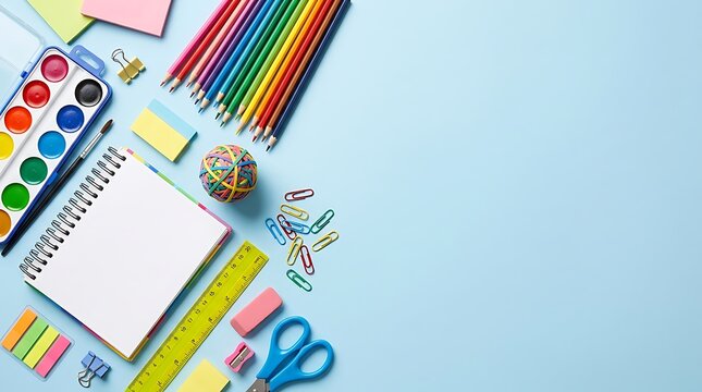 Back to school supplies flat lay with notebook pencils and watercolor paint on blue background