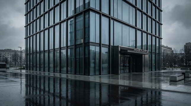 Contemporary corporate architecture featuring a glass facade reflecting in rain puddles under a cloudy sky
