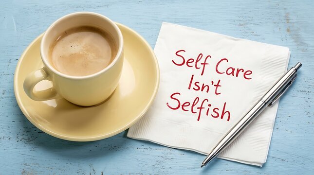 Cup of coffee with a napkin message about self care on a rustic blue wooden table surface top view