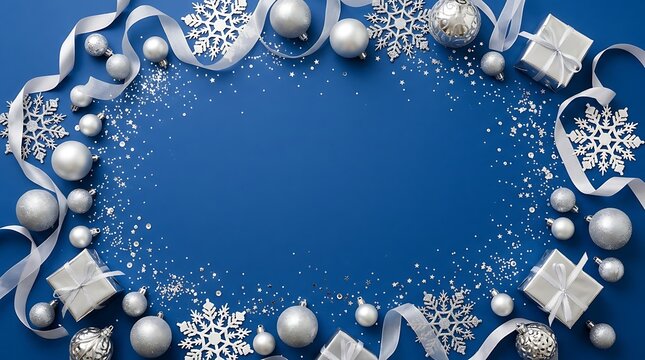 Festive christmas background with silver ornaments and snowflakes on a deep blue surface flat lay