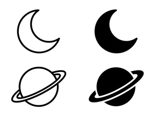 Set of crescent moon and saturn planet symbols in line art and solid © Shapla