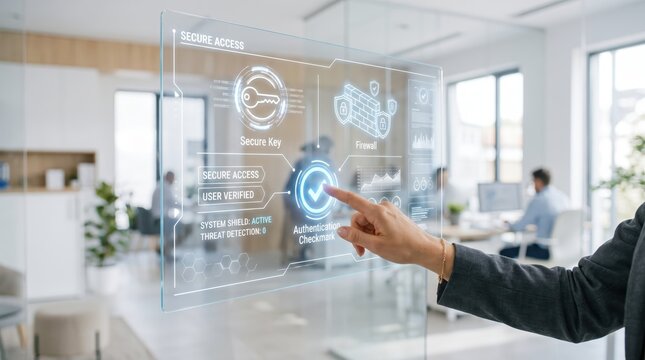 Futuristic holographic interface showing secure access system, user verification, firewall protection and authentication checkmark, advanced cybersecurity technology in modern