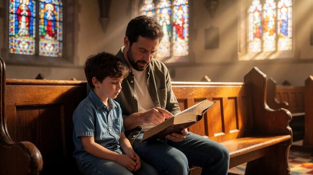 Adult man reads holy bible to little son inside church. Father teaches boy religious values on wooden pew. Sunlight shines through stained glass windows during prayer. Christian family shares