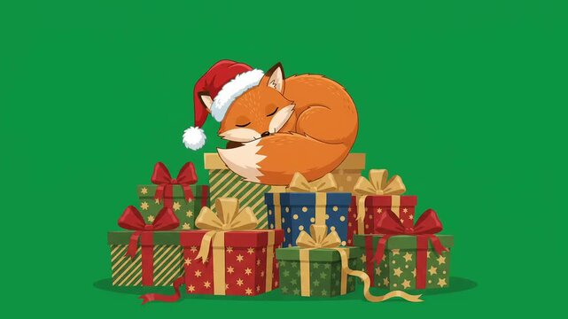 Animated green screen video of a cute sleeping fox wearing a red Santa hat curled up resting peacefully on top of a festive pile of wrapped Christmas holiday gift boxes.