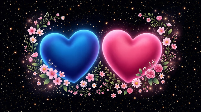 Two intertwined hearts with floral decoration against a starry space background