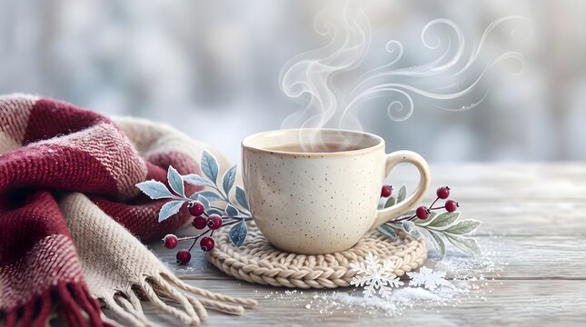 Cozy winter hot coffee cup with steam red plaid scarf and berries on wooden table