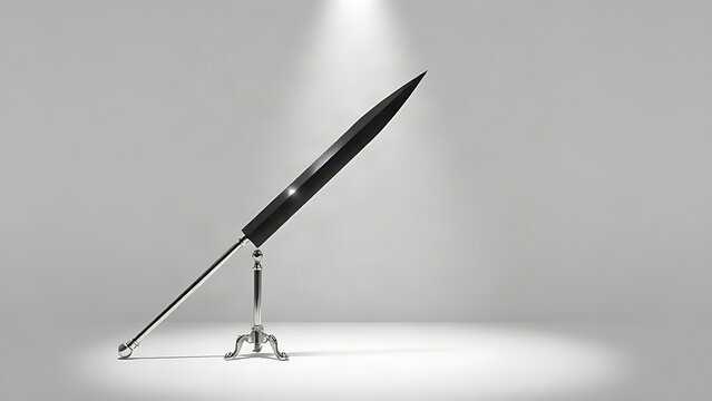 Polished metal polearm blade on studio surface, retail display and historical weapon concept