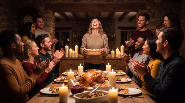A happy group of diverse friends gathers around a candlelit table for a festive Thanksgiving dinner, applauding as a woman presents a delicious roasted turkey.