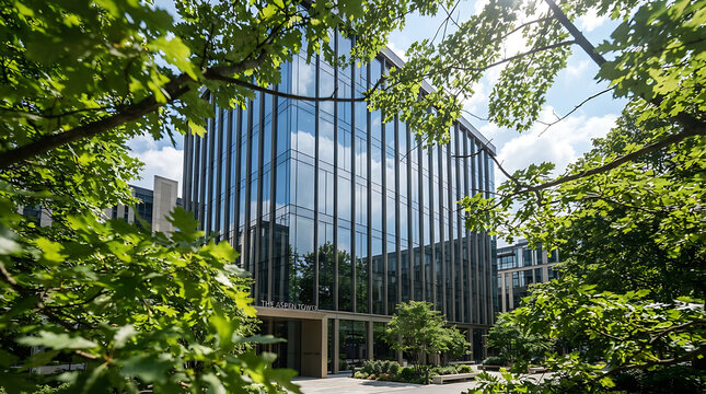 Modern Sustainable Commercial Office Building with Glass Facade Surrounded by Lush Green Trees and Natural Foliage