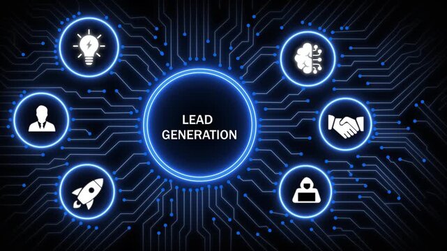 Dynamic lead generation concept featuring glowing digital network circuitry background, with animated business, for marketing strategy, sales growth, customer, acquisition, and corporate technology