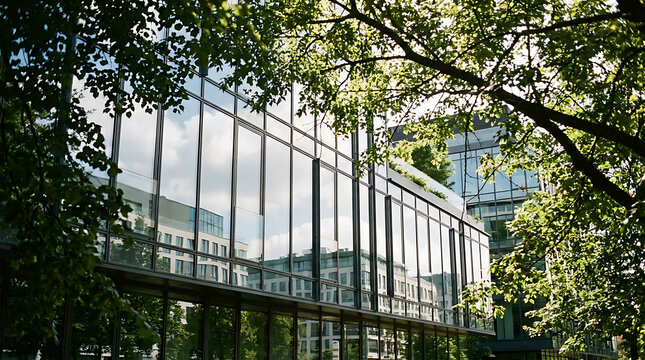Contemporary office building with a reflective glass facade surrounded by lush green trees in an urban business district