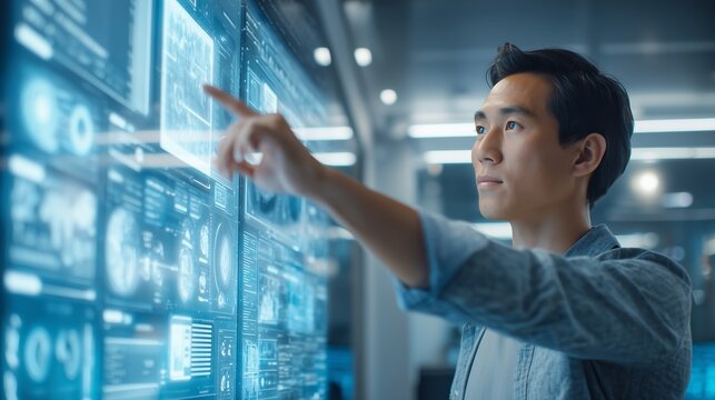 A young Asian man at an interactive wall. Touch widgets and graphics, open-space office, controls the hand.