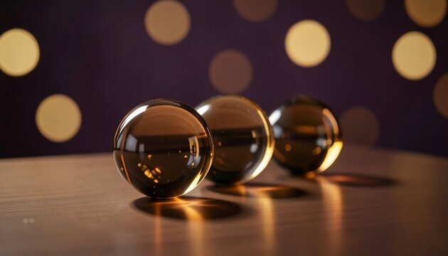 Three glass spheres aligned on a dark wooden surface with warm bokeh lighting.
