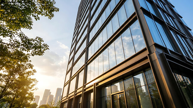 Modern glass office building with reflecting windows and trees in the foreground during sunset