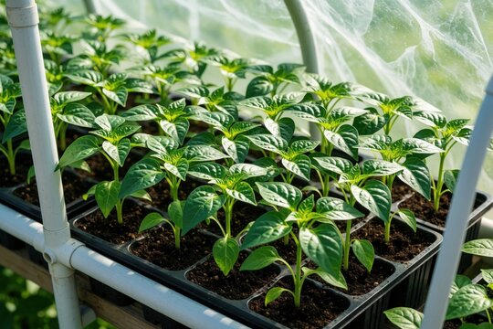 Young green pepper seedlings grow in black trays inside greenhouse. Small vegetable plants emerge from dark soil under plastic cover. Close up of organic farming process for future chili capsicum