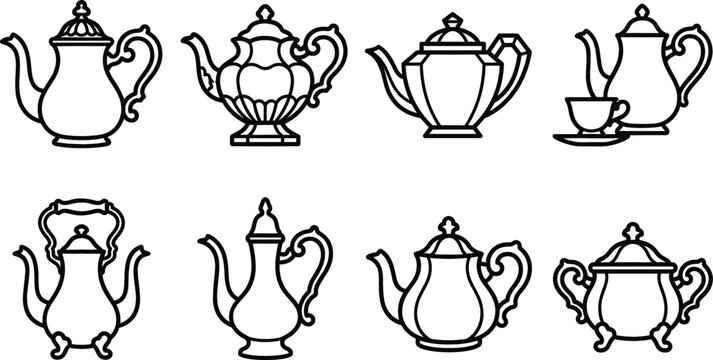 Teapot vector icon set featuring vintage tea pots ceramic kettles and elegant linear outlines