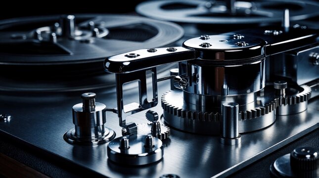 Close up of vintage reel to reel tape recorder mechanism. Silver metal parts, shiny chrome gears spin magnetic tape. Analog audio equipment uses old tech for high fidelity music recording, playback