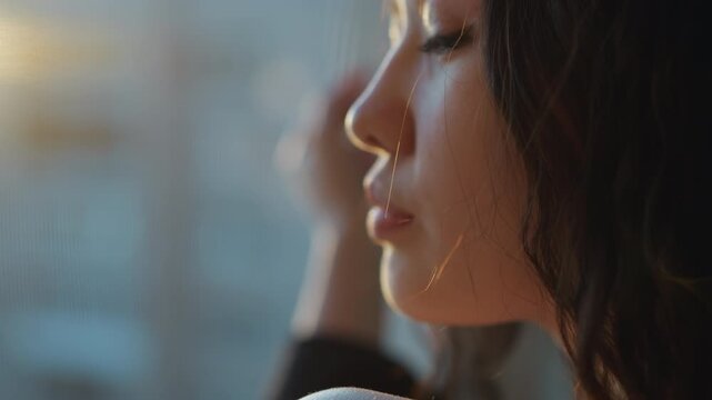 Shows side of woman face and upper body. Her profile is partially illuminated by warm soft lighting from behind creating gentle highlights on her hair and shoulder. background remains