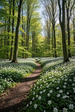 Sunlight shines through tall green trees in spring forest. White wood anemone flowers bloom along winding dirt footpath. Scenic woodland landscape with foliage, bright plants offers peaceful nature