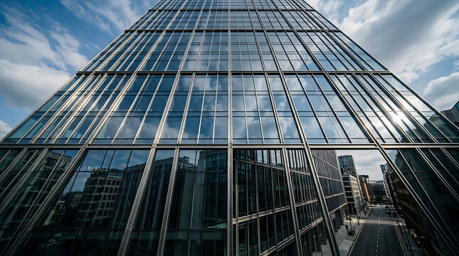 Low Angle View of a Modern Glass Skyscraper Reflecting the Blue Sky and Clouds in an Urban Business District