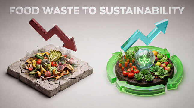A conceptual 3D illustration showing the contrast between food waste on cracked ground and sustainable growth with a circular economy cycle.
