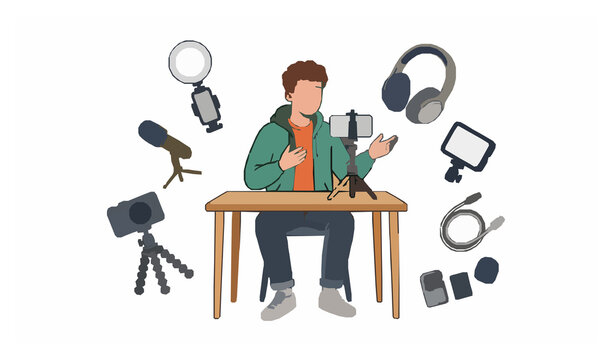 Male vlogger recording with smartphone and ring light professional equipment vector illustration