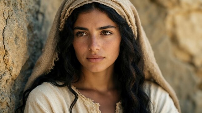Close up portrait of young biblical woman Rachel. Ancient Semitic female character wears traditional rustic tunic, head veil. Serious thoughtful expression on face of Israelite woman. Historical