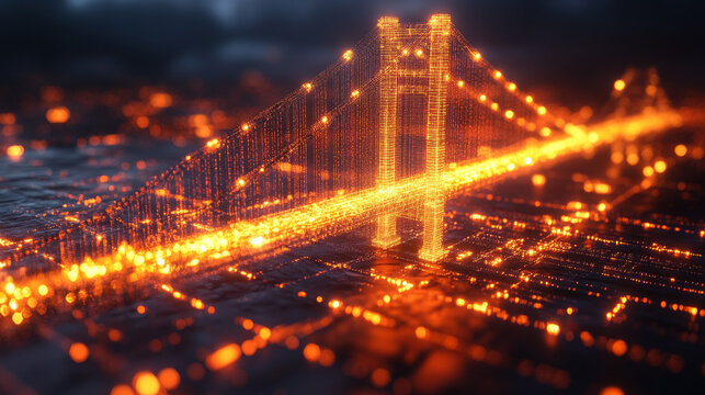 Abstract digital representation of a suspension bridge made of golden glowing particles and data points, futuristic technology network concept