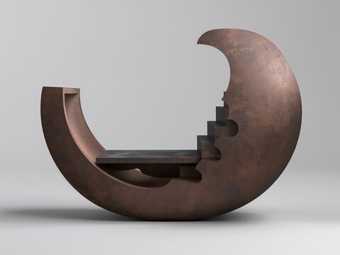Bronze crescent moon shaped sculpture with integrated stairs and a flat platform, isolated on a plain light gray background, for studio display
