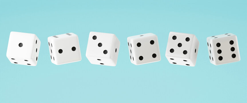 Six consecutive floating dice in a row on Celeste background. 6 White dices in a line. 3D floating dices