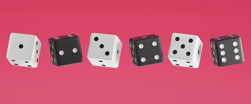 Six consecutive floating dice in a row on Punch Pink background. 3 White dices and 3 Black dices. 3D floating dices
